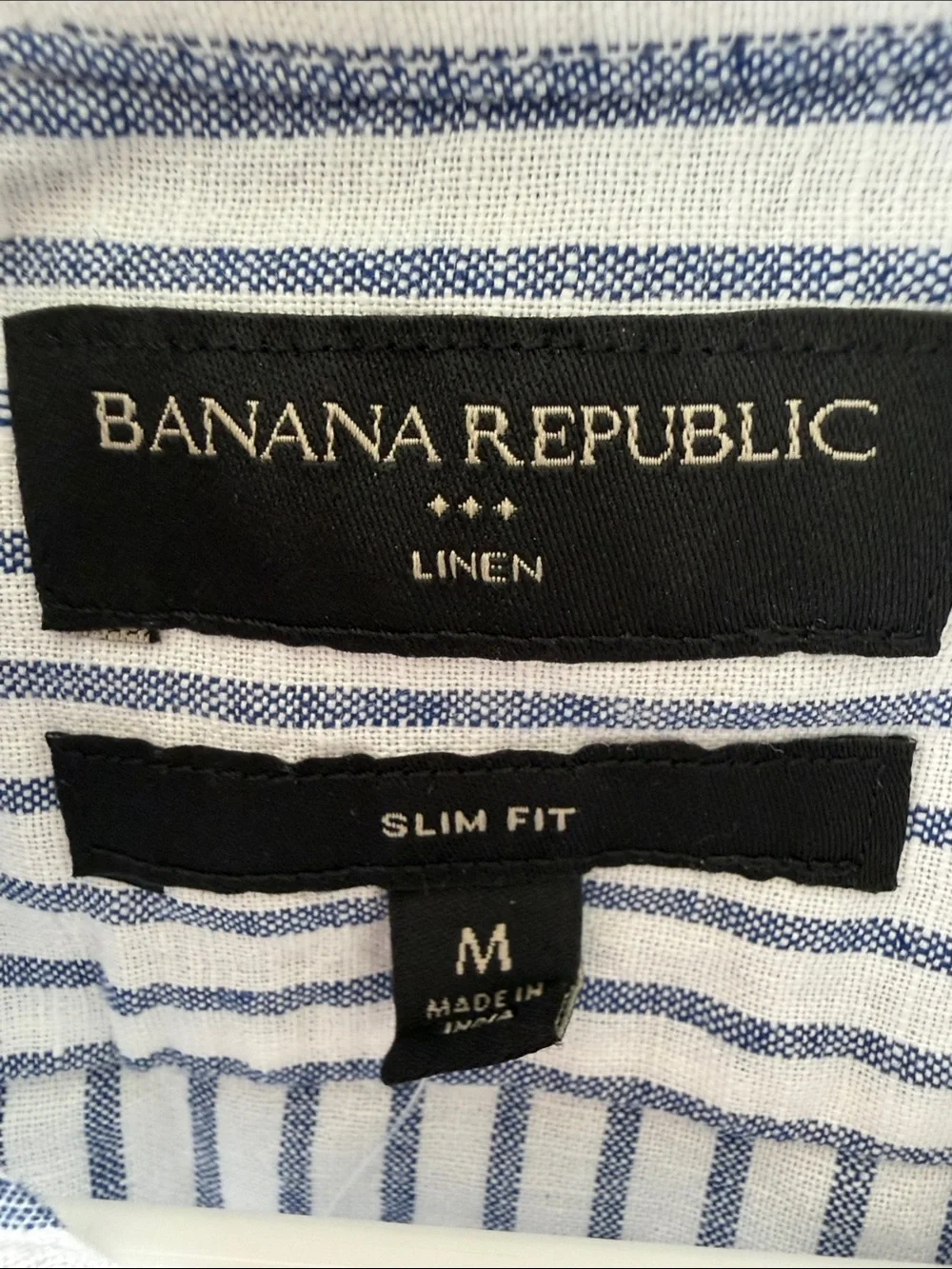 Banana Republic White and Navy Vertical-Stripe Short-Sleeve Shirt